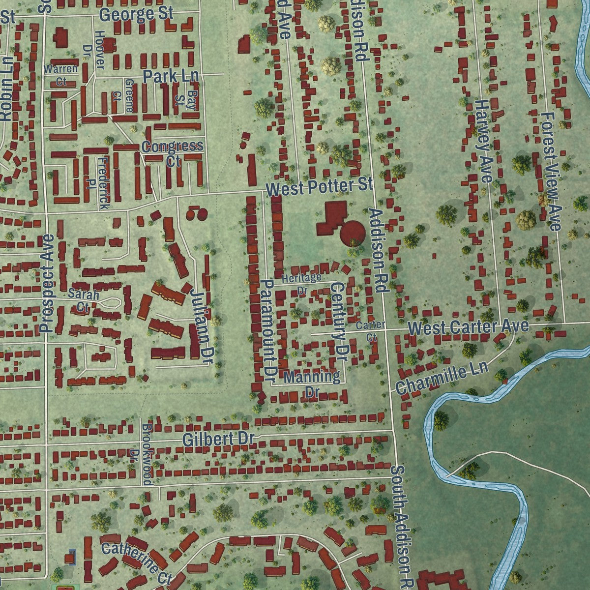 Second close-up of the map of Wood Dale, Illinois print showing more streets and buildings