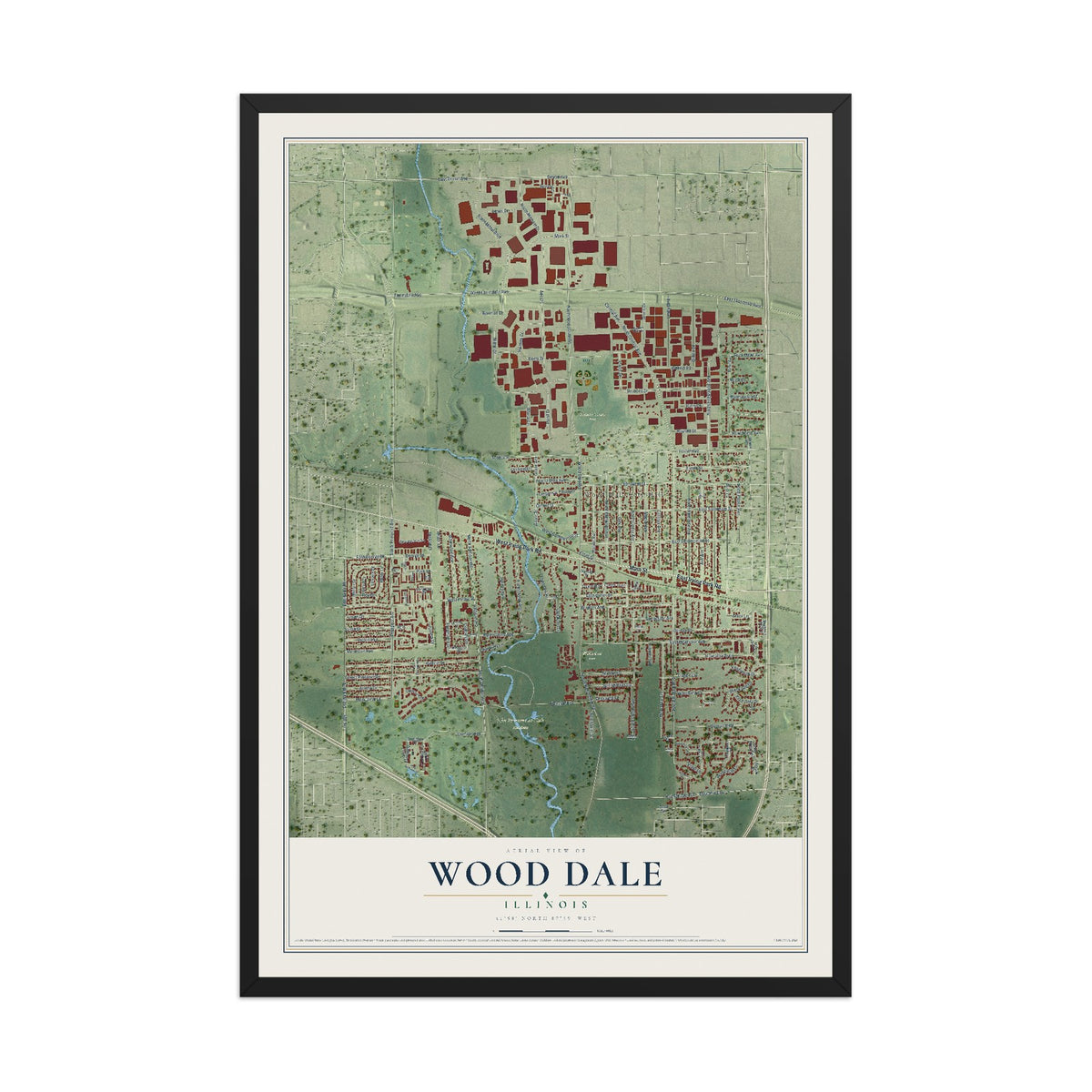 Map of Wood Dale, Illinois, 12 x 18 inch print in a black wood frame