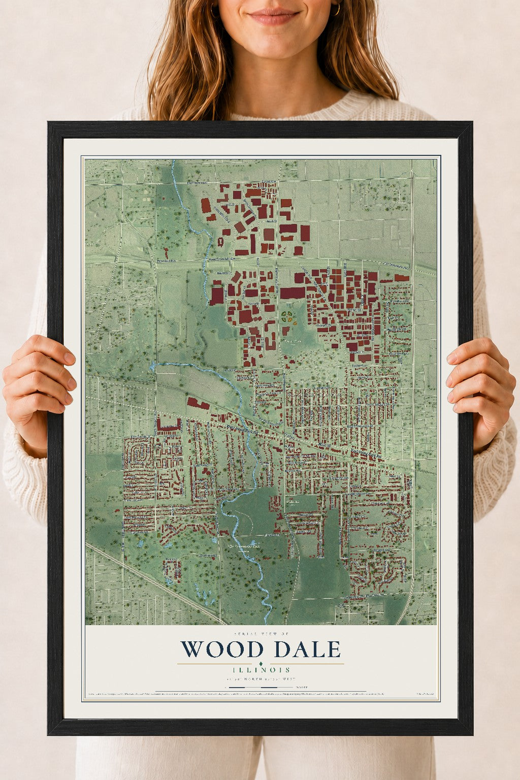 Map of Wood Dale, Illinois, 18 x 24 inch print in a black wood frame