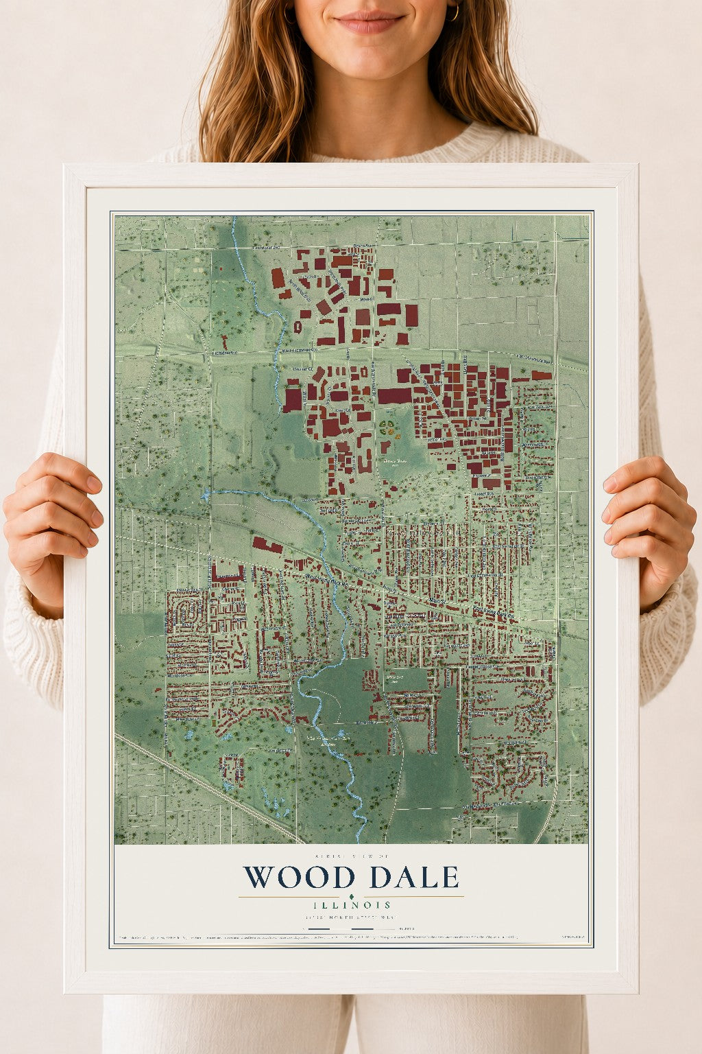 Map of Wood Dale, Illinois, 18 x 24 inch print in a white wood frame