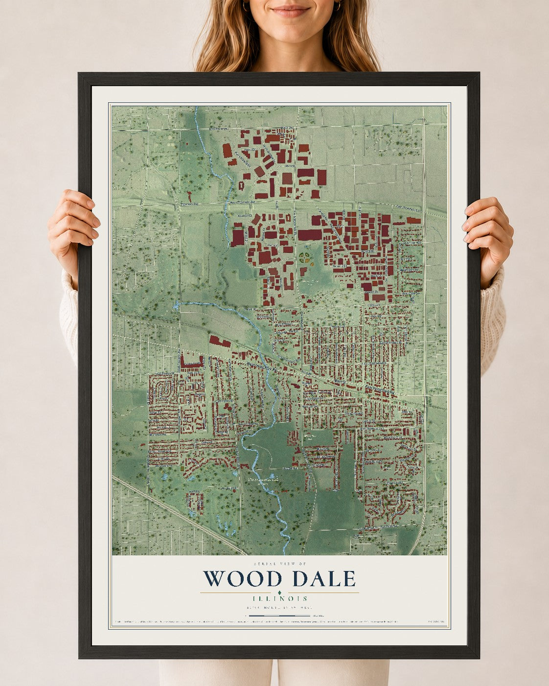 Map of Wood Dale, Illinois, 24 x 36 inch print in a black wood frame