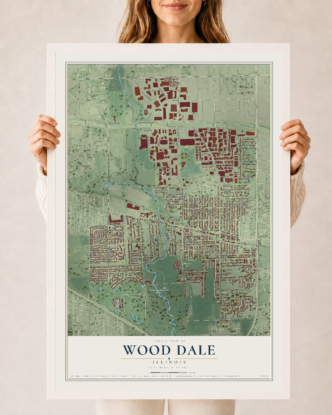 Map of Wood Dale, Illinois, 24 x 36 inch print in a white wood frame