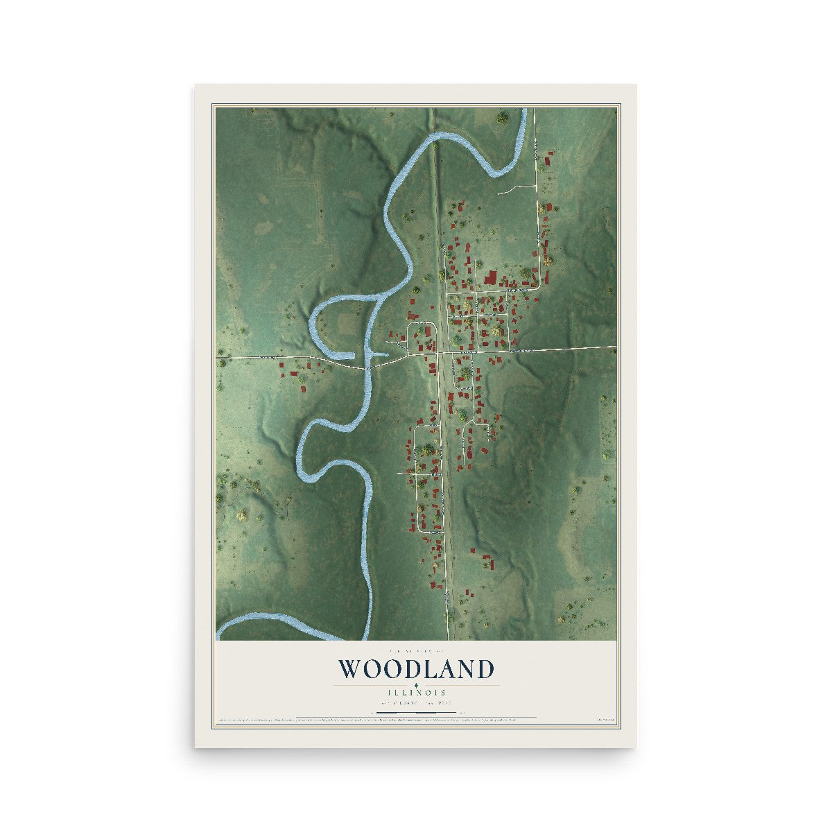 Map of Woodland, Illinois, 12 x 18 inch unframed archival matte print