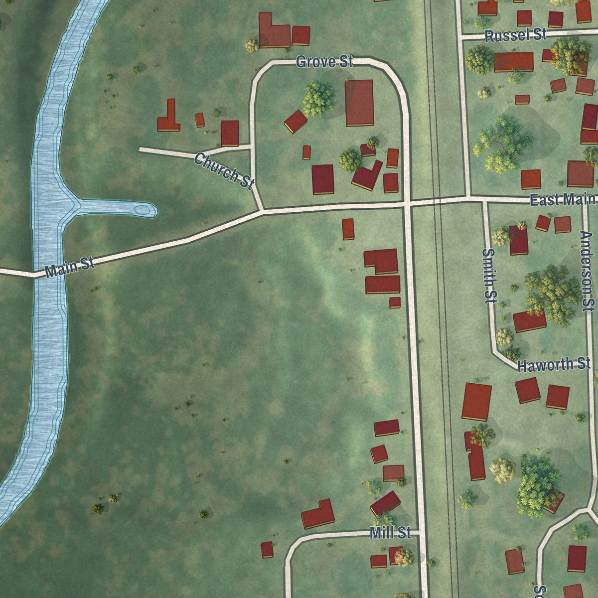 Close-up of the map of Woodland, Illinois print showing street and building detail