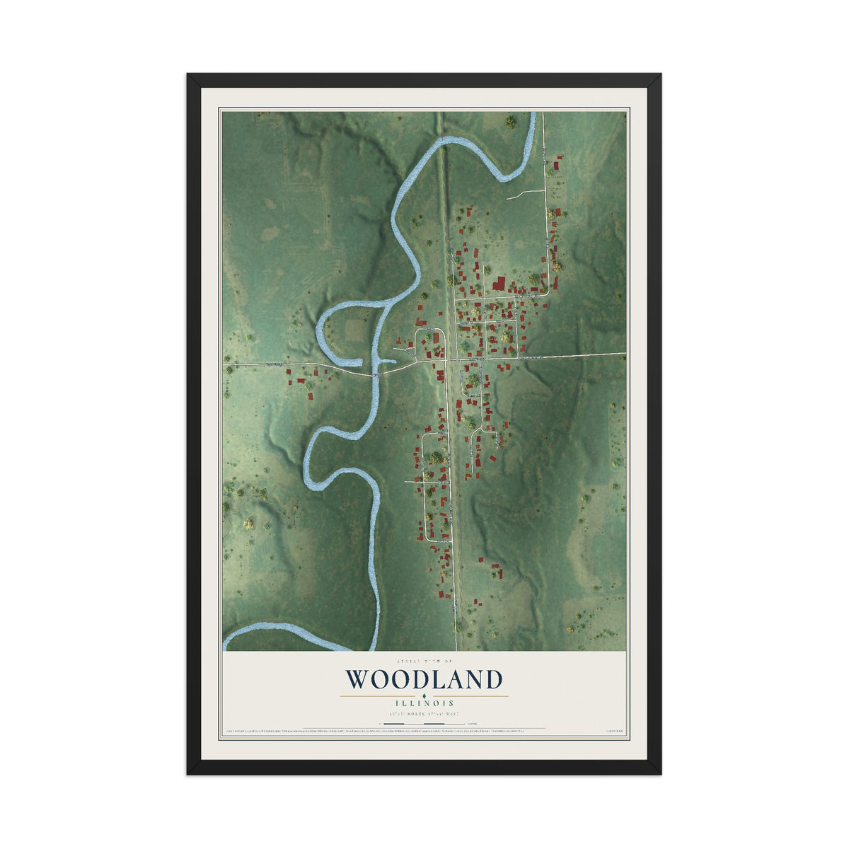 Map of Woodland, Illinois, 12 x 18 inch print in a black wood frame