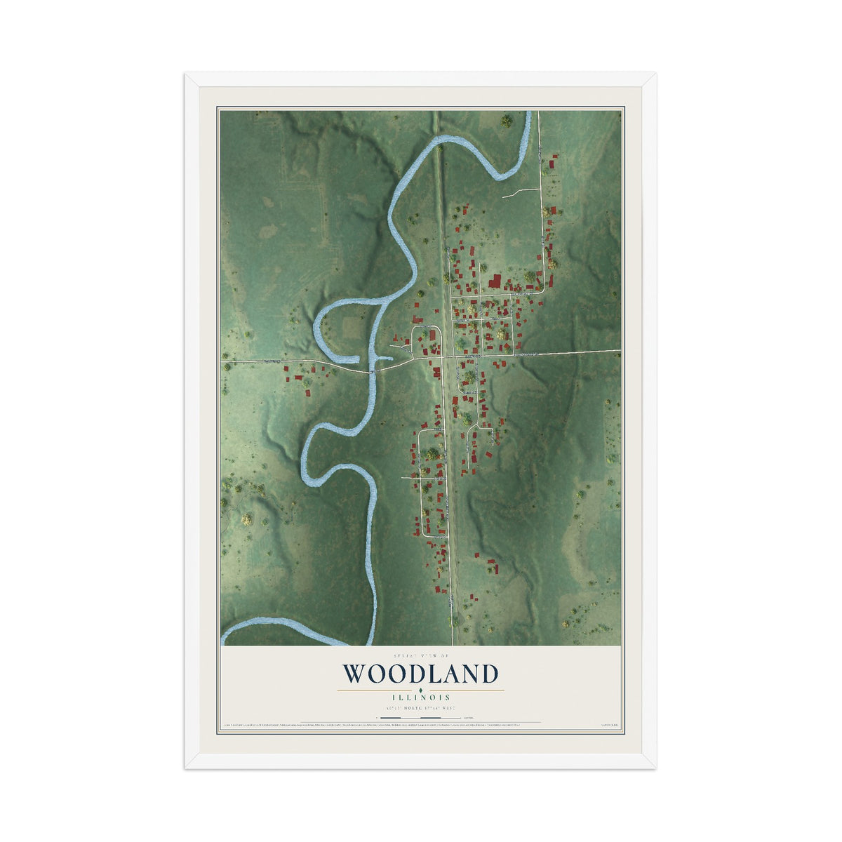 Map of Woodland, Illinois, 12 x 18 inch print in a white wood frame