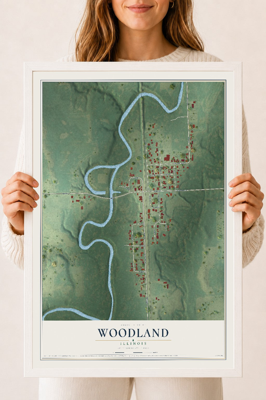 Map of Woodland, Illinois, 18 x 24 inch print in a white wood frame
