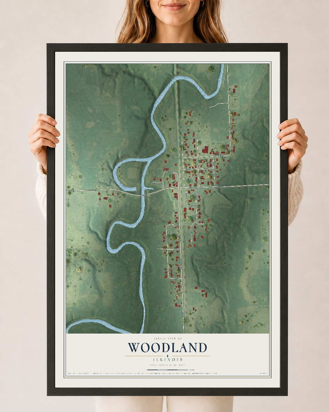 Map of Woodland, Illinois, 24 x 36 inch print in a black wood frame