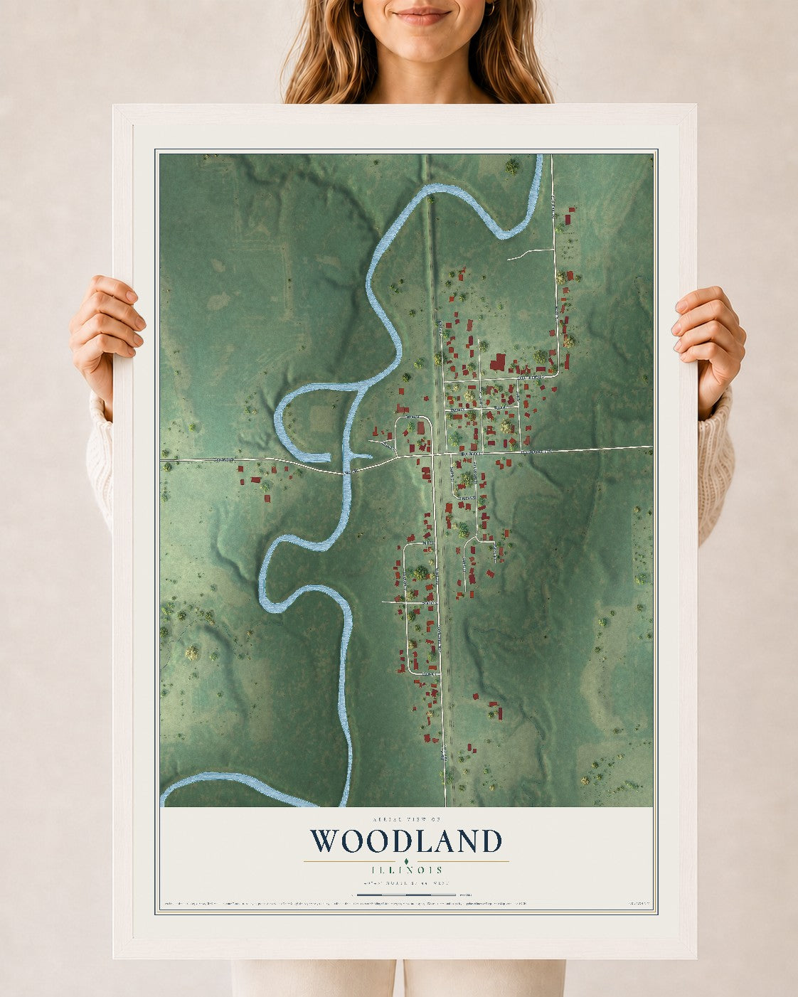 Map of Woodland, Illinois, 24 x 36 inch print in a white wood frame
