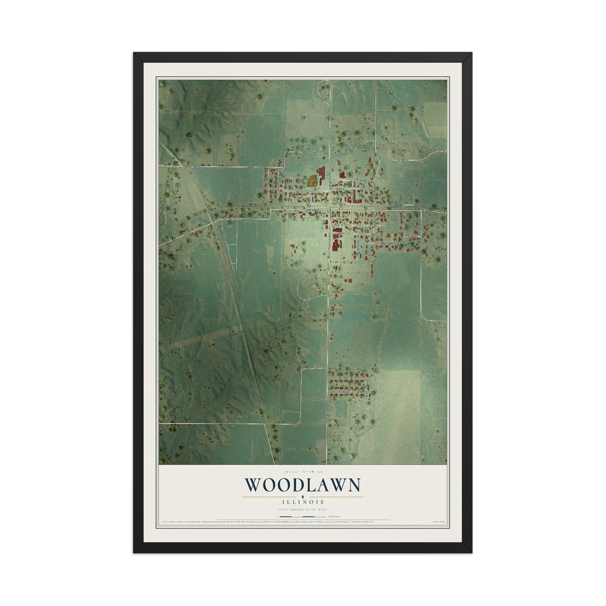 Map of Woodlawn, Illinois, 12 x 18 inch print in a black wood frame