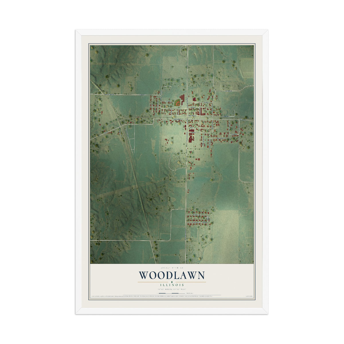 Map of Woodlawn, Illinois, 12 x 18 inch print in a white wood frame