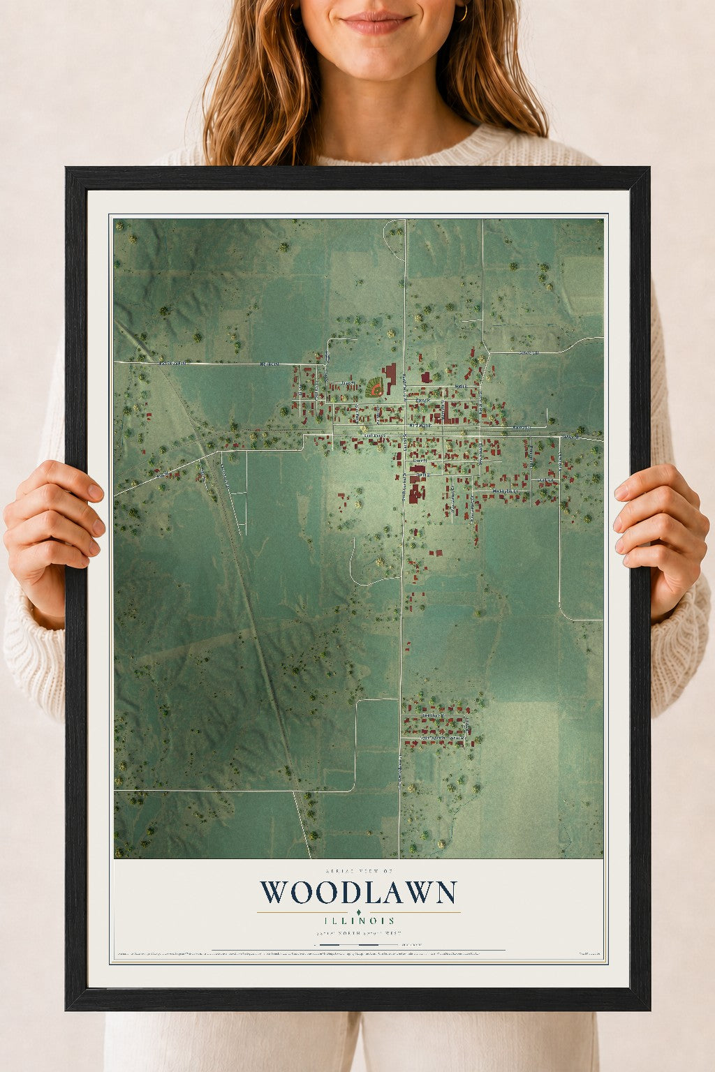 Map of Woodlawn, Illinois, 18 x 24 inch print in a black wood frame