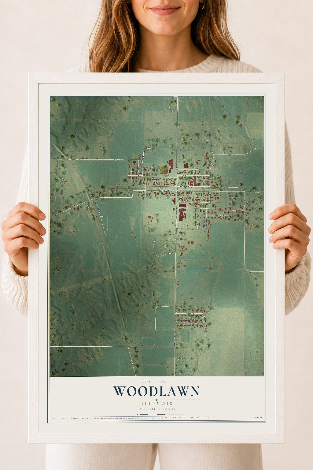 Map of Woodlawn, Illinois, 18 x 24 inch print in a white wood frame