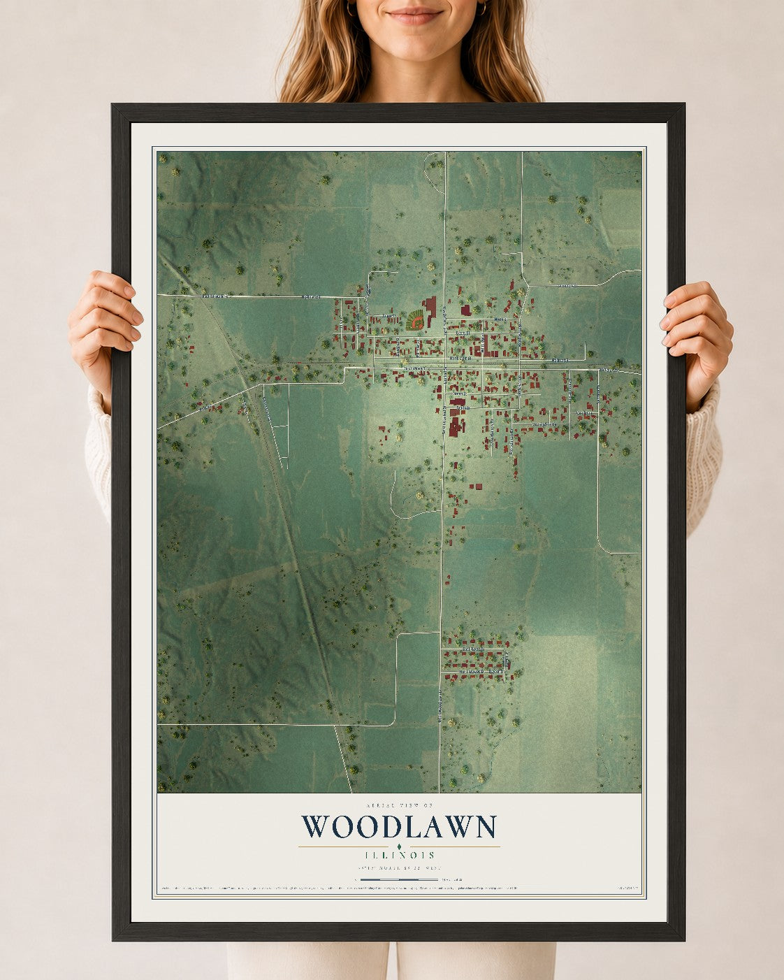 Map of Woodlawn, Illinois, 24 x 36 inch print in a black wood frame