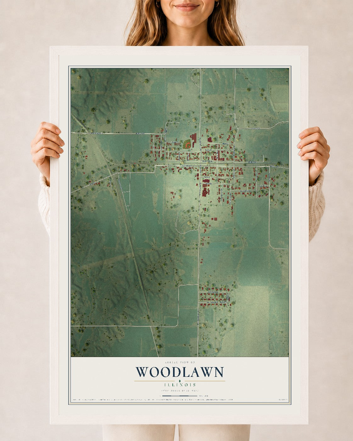 Map of Woodlawn, Illinois, 24 x 36 inch print in a white wood frame