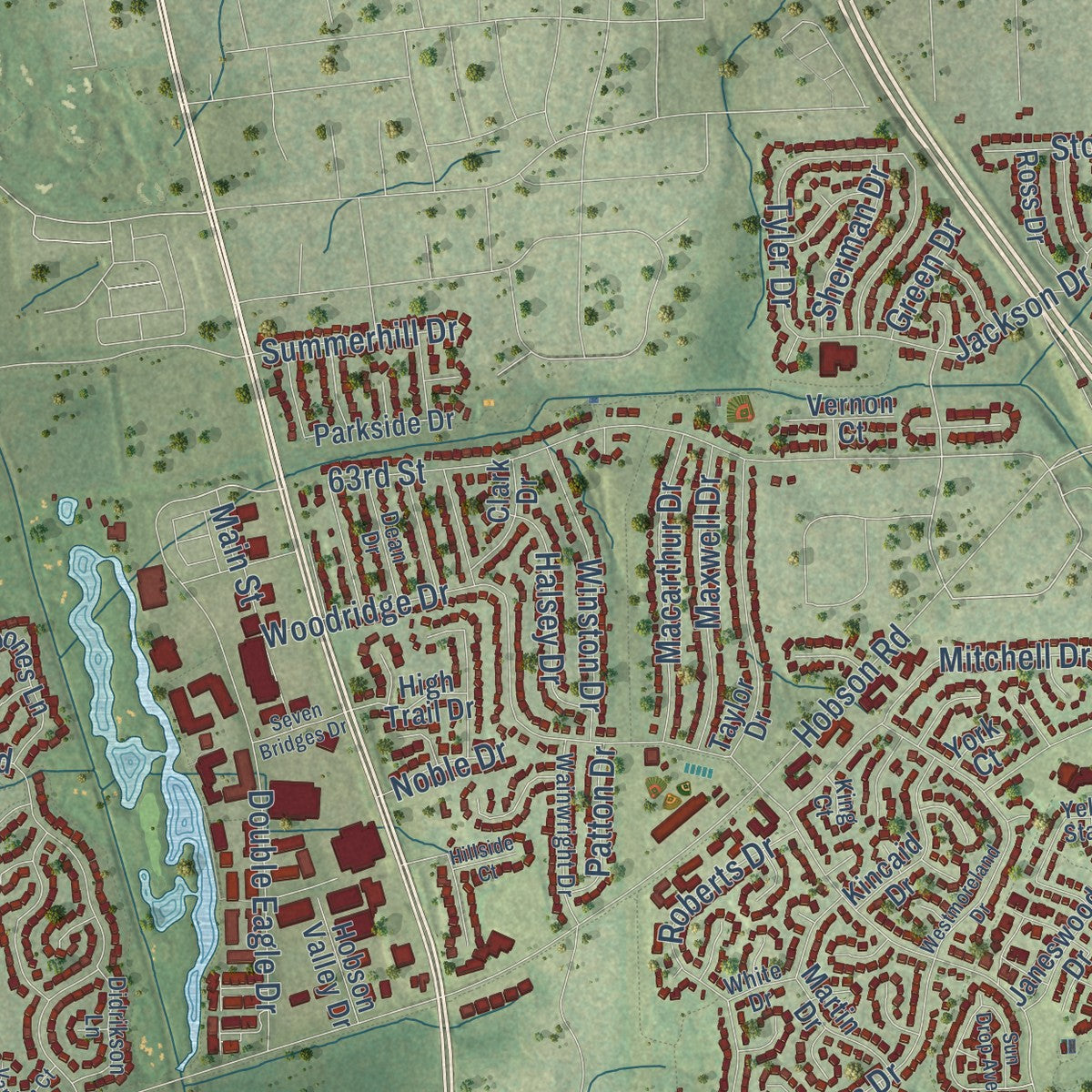 Second close-up of the map of Woodridge, Illinois print showing more streets and buildings