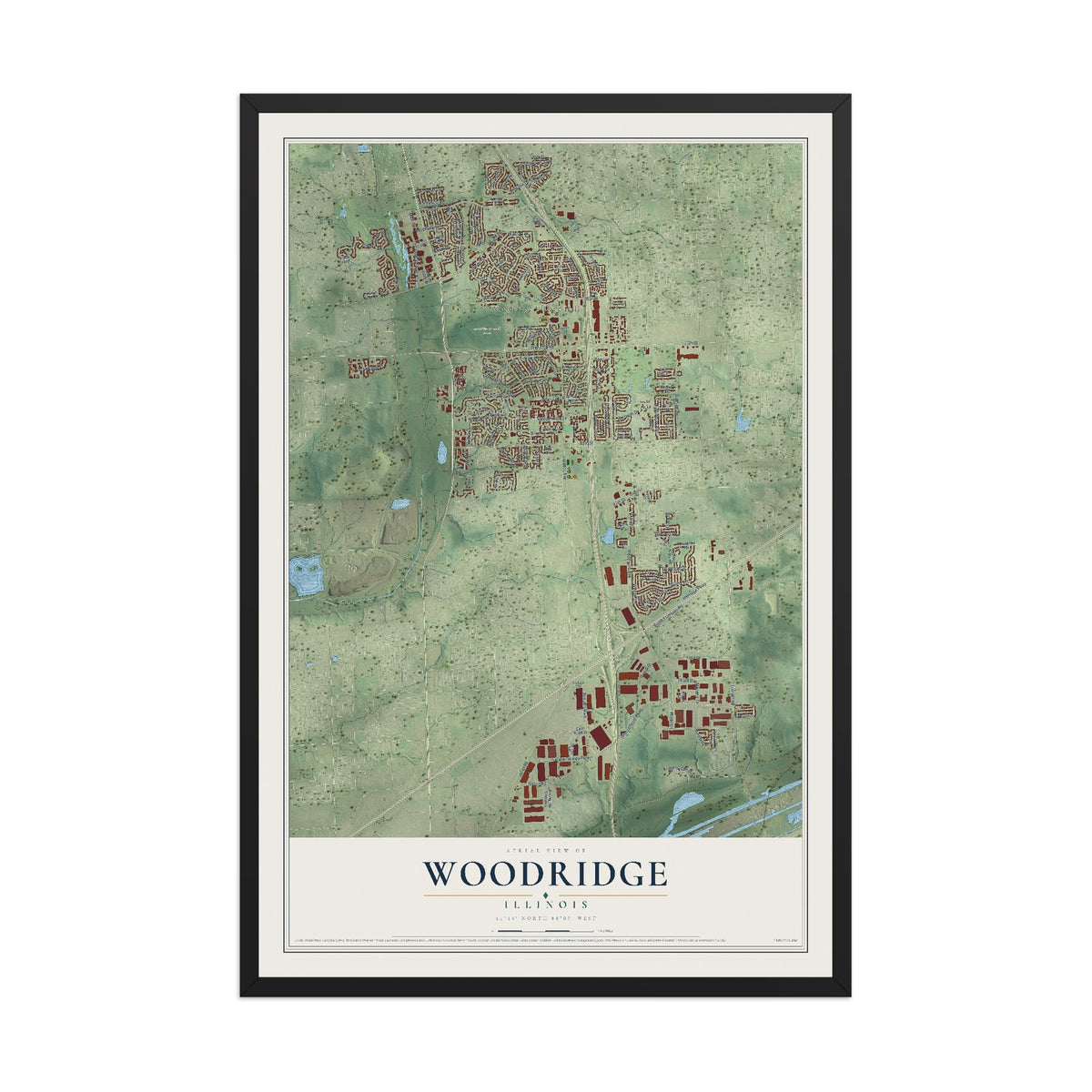 Map of Woodridge, Illinois, 12 x 18 inch print in a black wood frame