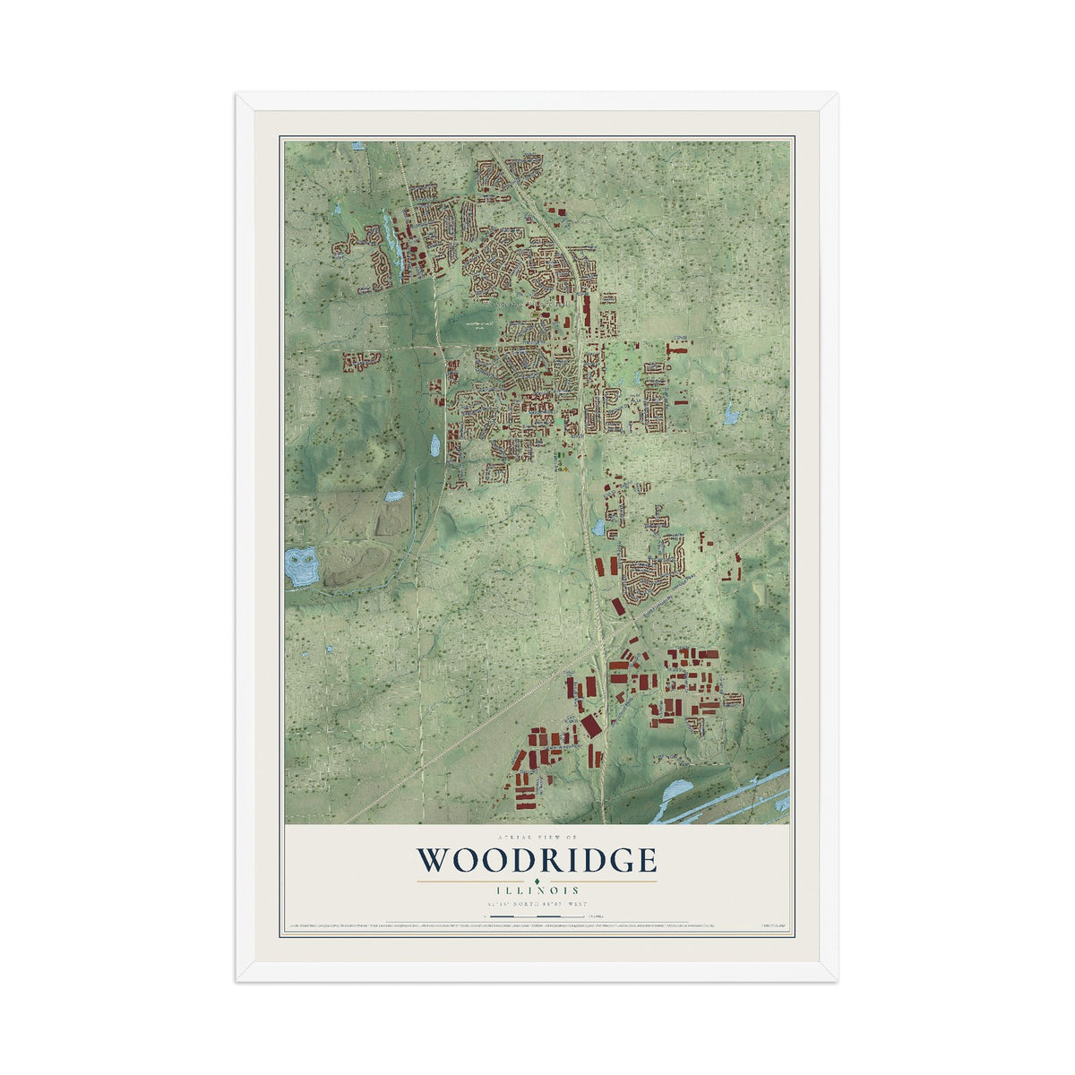 Map of Woodridge, Illinois, 12 x 18 inch print in a white wood frame