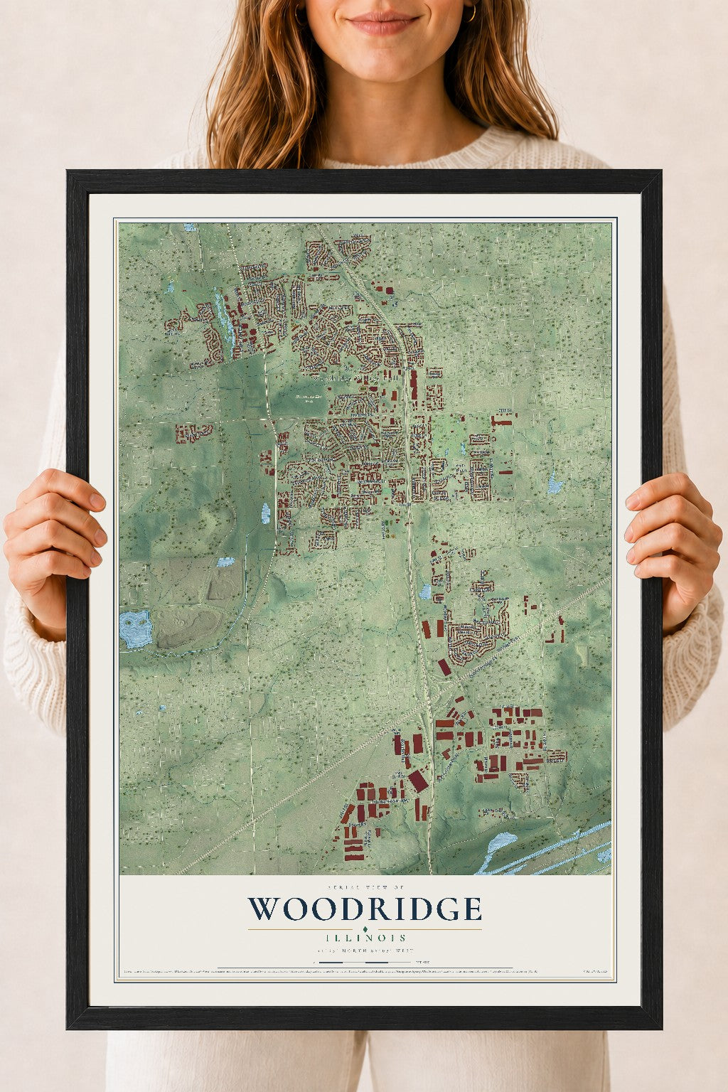 Map of Woodridge, Illinois, 18 x 24 inch print in a black wood frame