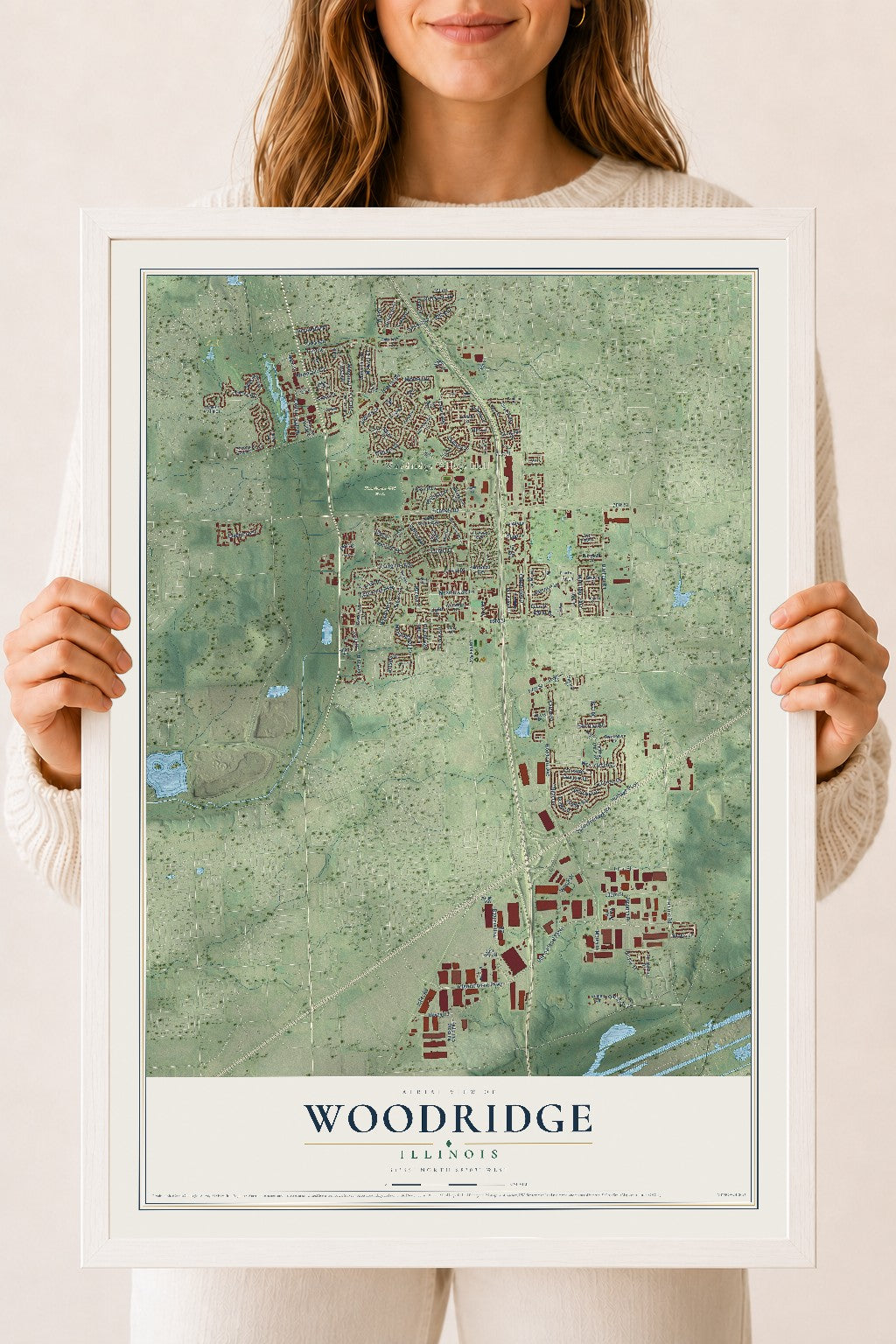 Map of Woodridge, Illinois, 18 x 24 inch print in a white wood frame