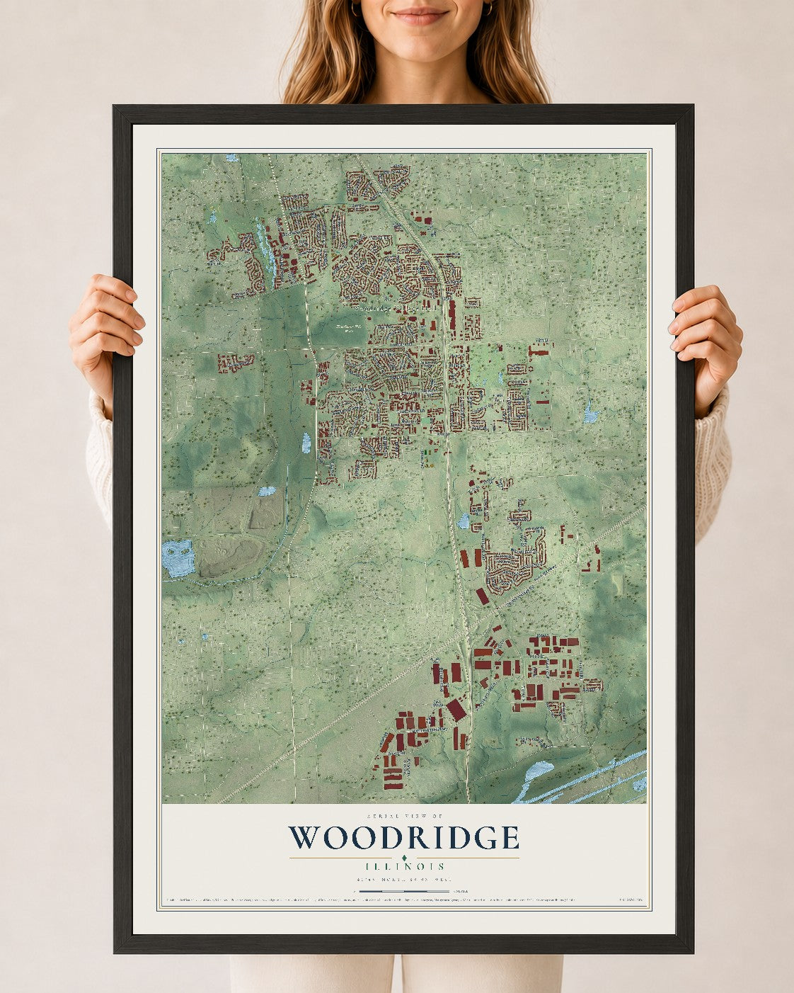 Map of Woodridge, Illinois, 24 x 36 inch print in a black wood frame