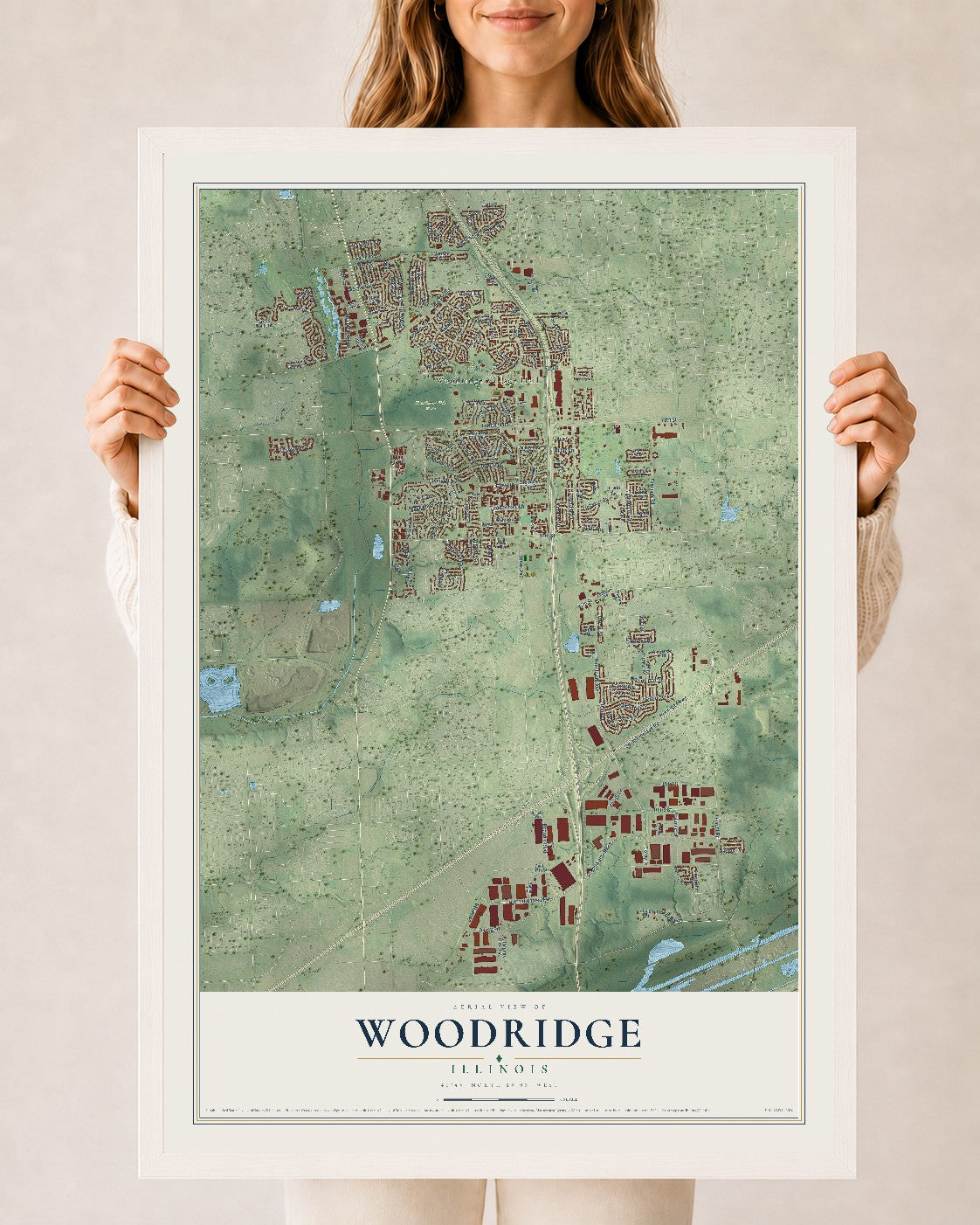 Map of Woodridge, Illinois, 24 x 36 inch print in a white wood frame