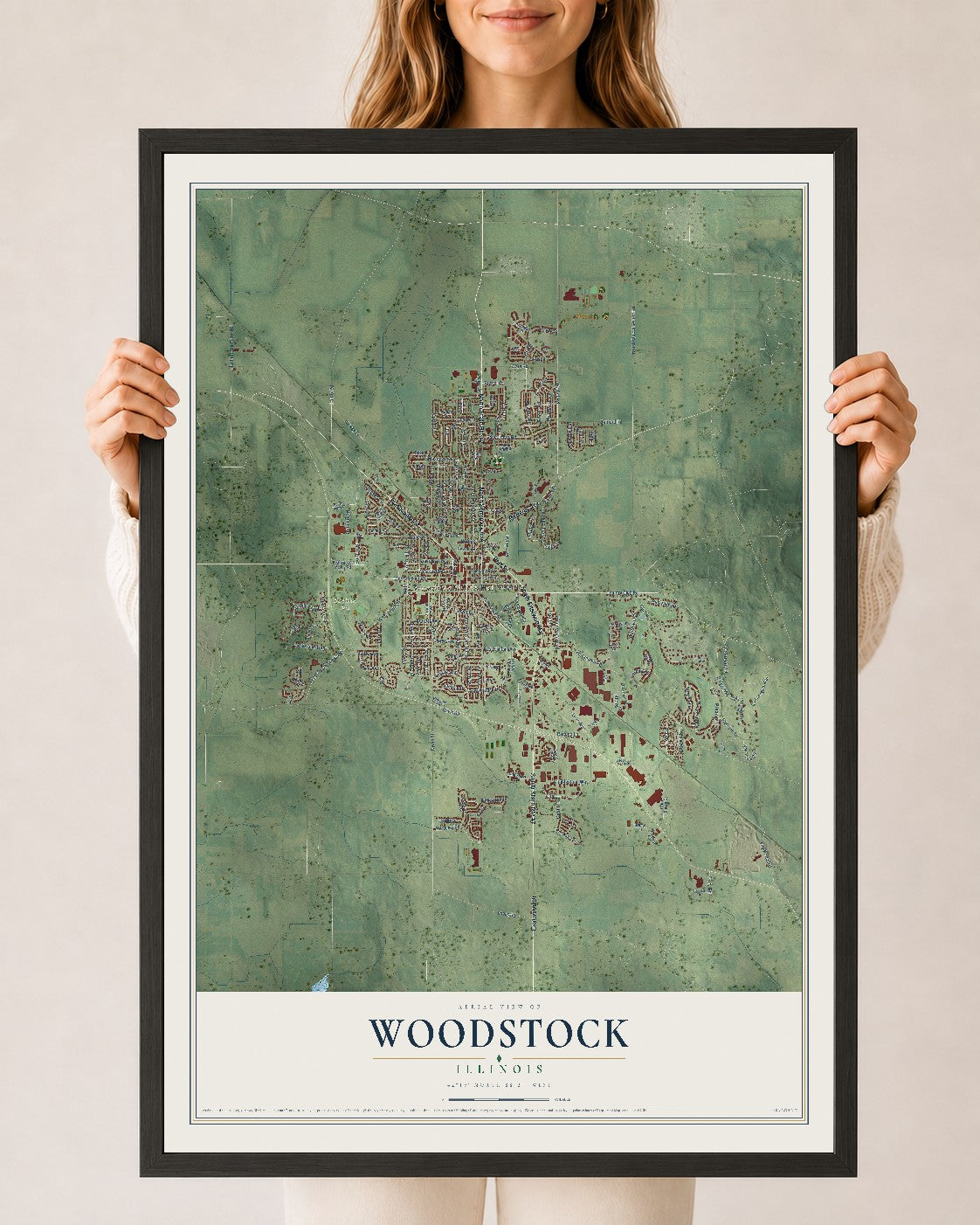 Map of Woodstock, Illinois, 24 x 36 inch print in a black wood frame