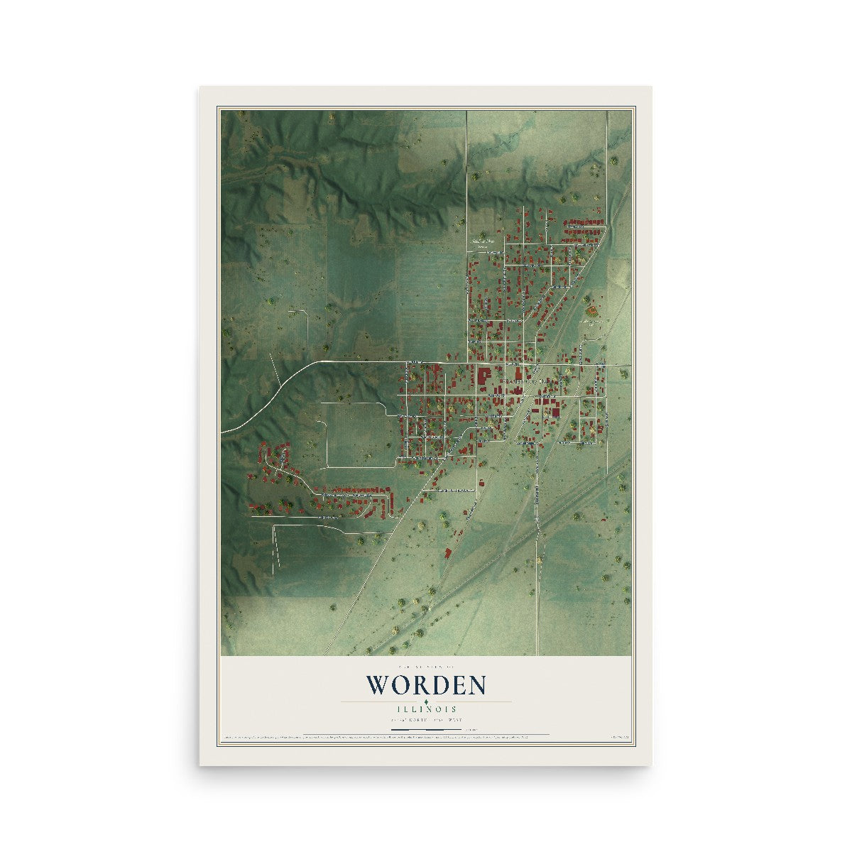 Map of Worden, Illinois, 12 x 18 inch unframed archival matte print