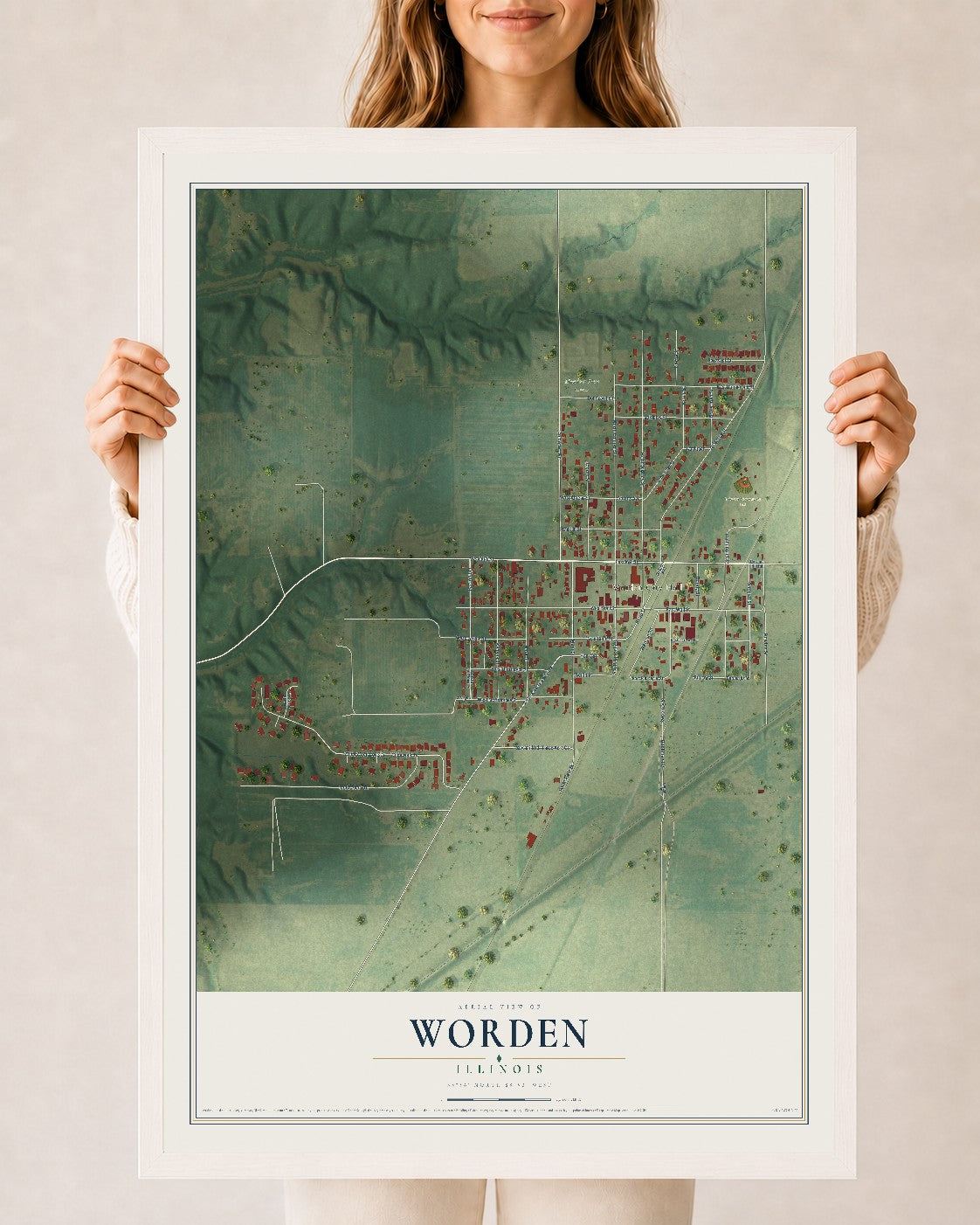 Map of Worden, Illinois, 24 x 36 inch print in a white wood frame