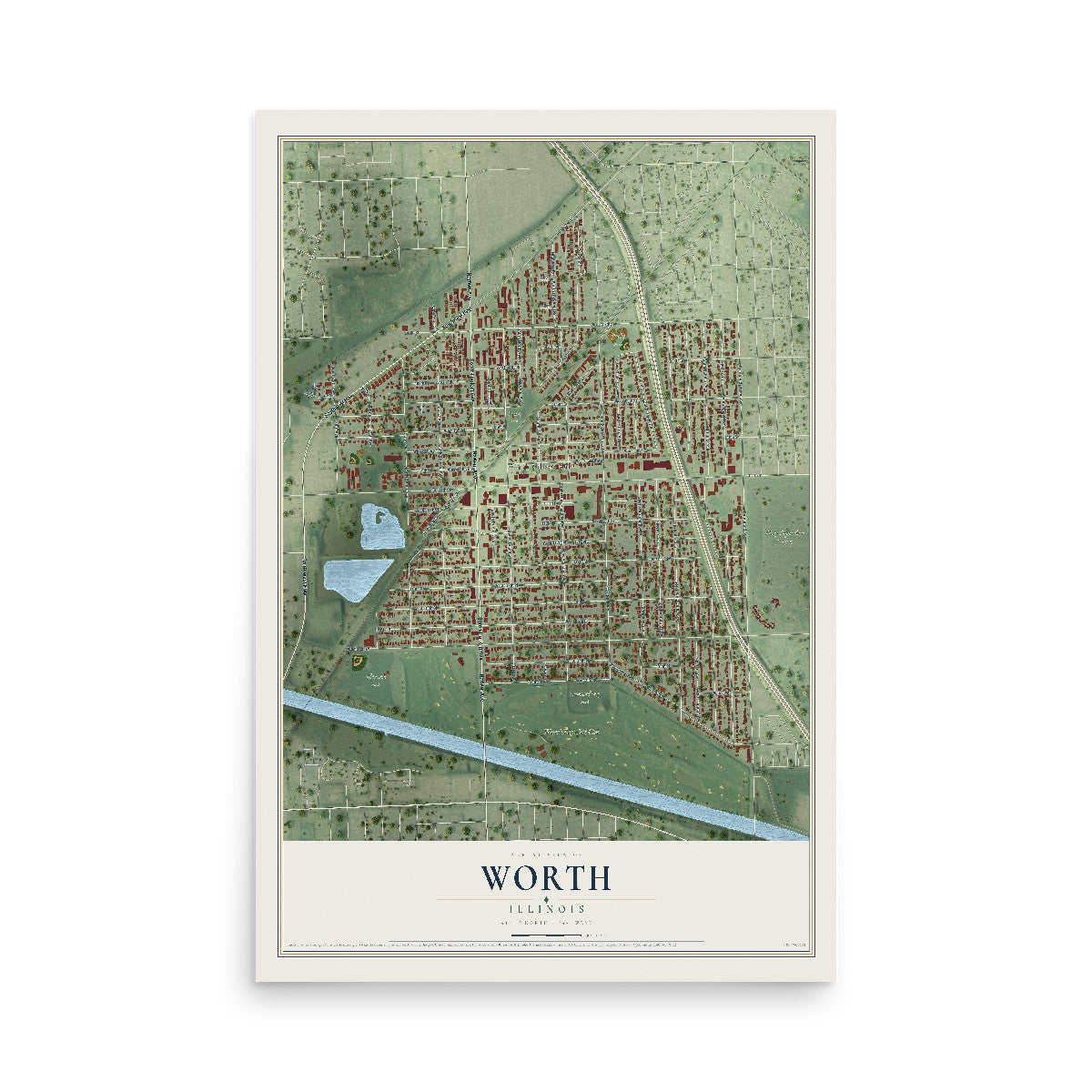 Map of Worth, Illinois, 12 x 18 inch unframed archival matte print