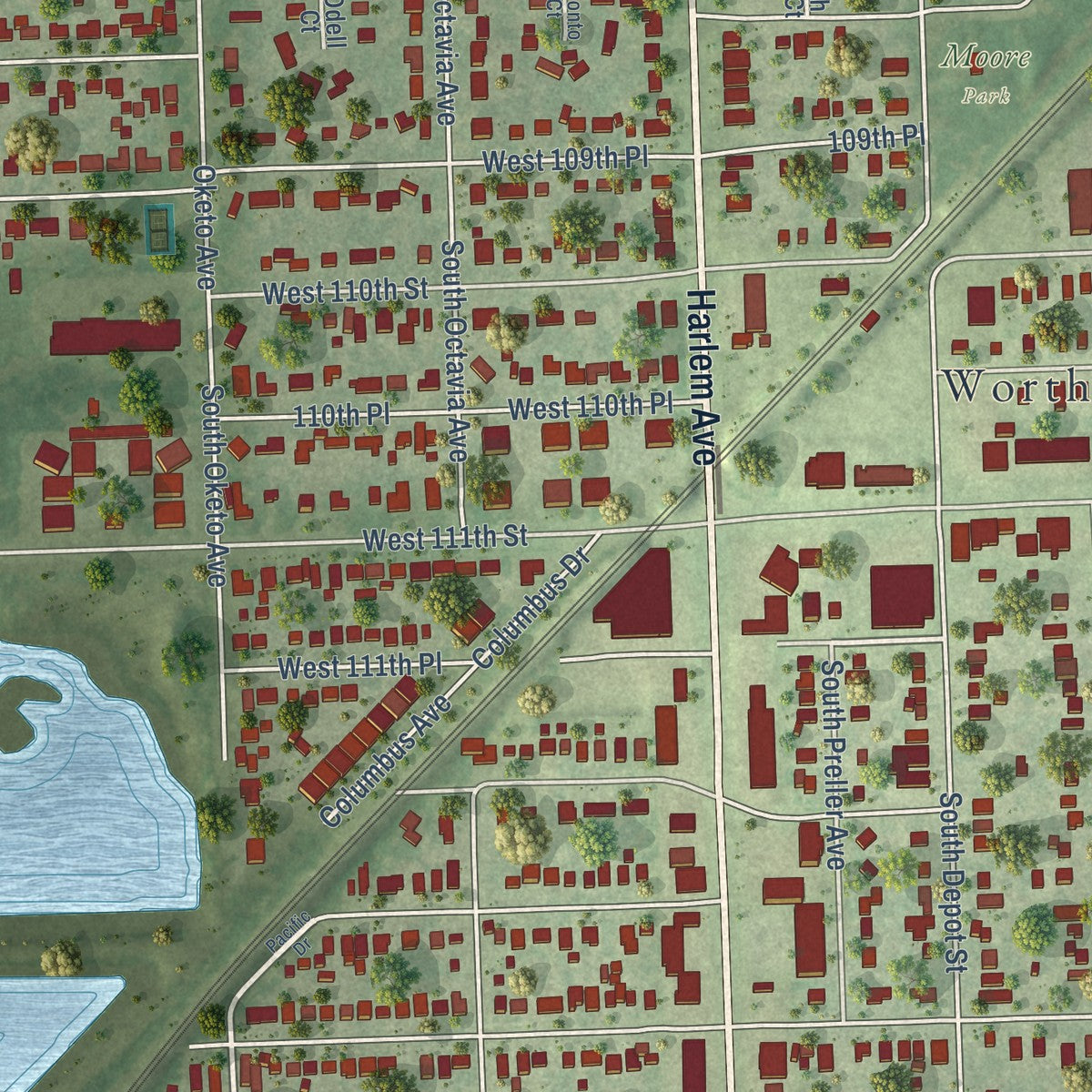 Second close-up of the map of Worth, Illinois print showing more streets and buildings