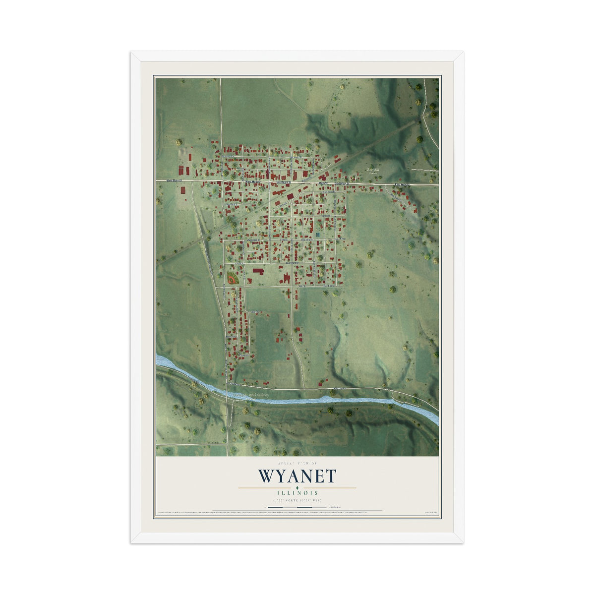Map of Wyanet, Illinois, 12 x 18 inch print in a white wood frame
