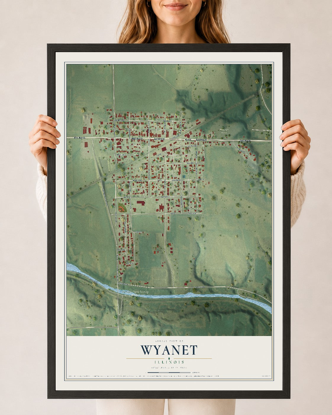 Map of Wyanet, Illinois, 24 x 36 inch print in a black wood frame