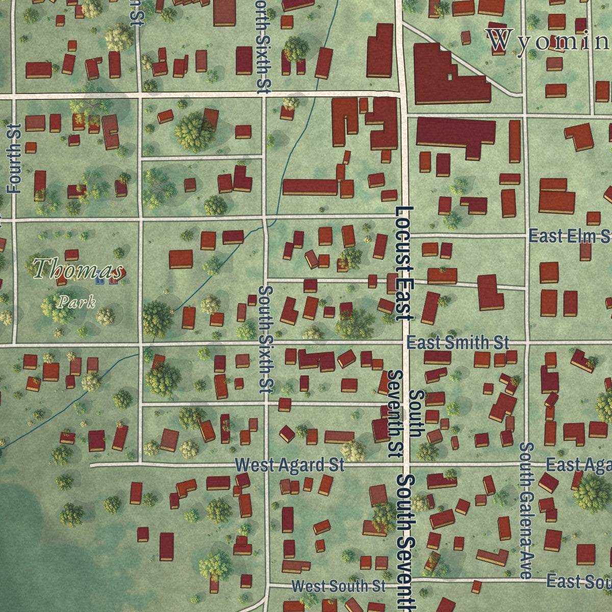 Close-up of the map of Wyoming, Illinois print showing street and building detail