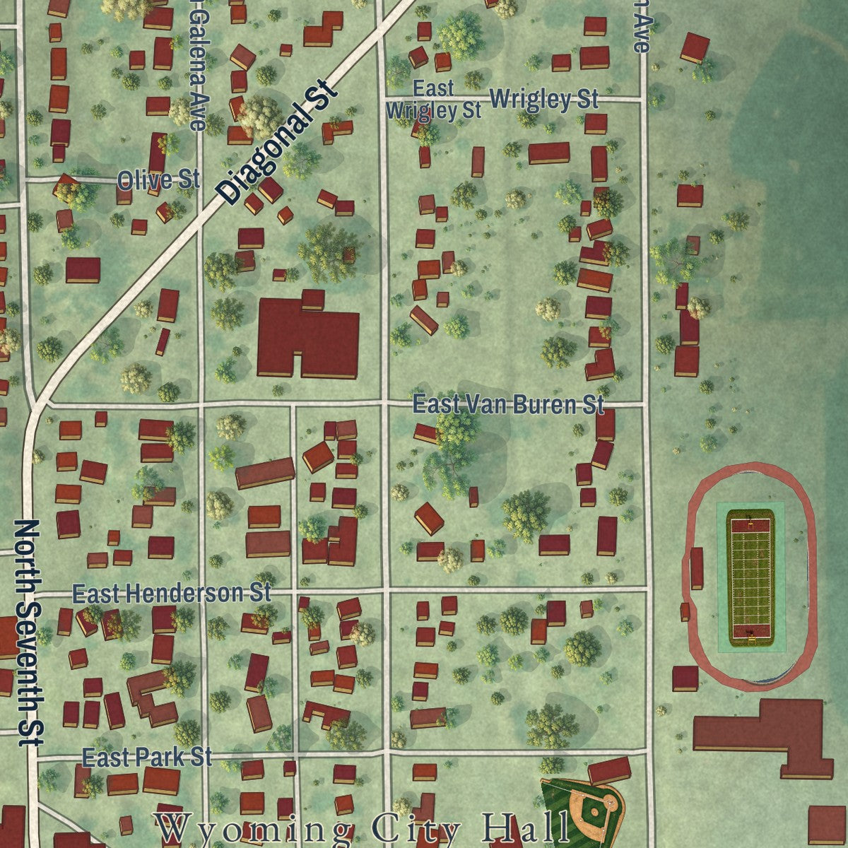 Second close-up of the map of Wyoming, Illinois print showing more streets and buildings