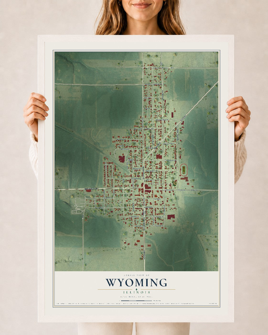 Map of Wyoming, Illinois, 24 x 36 inch print in a white wood frame