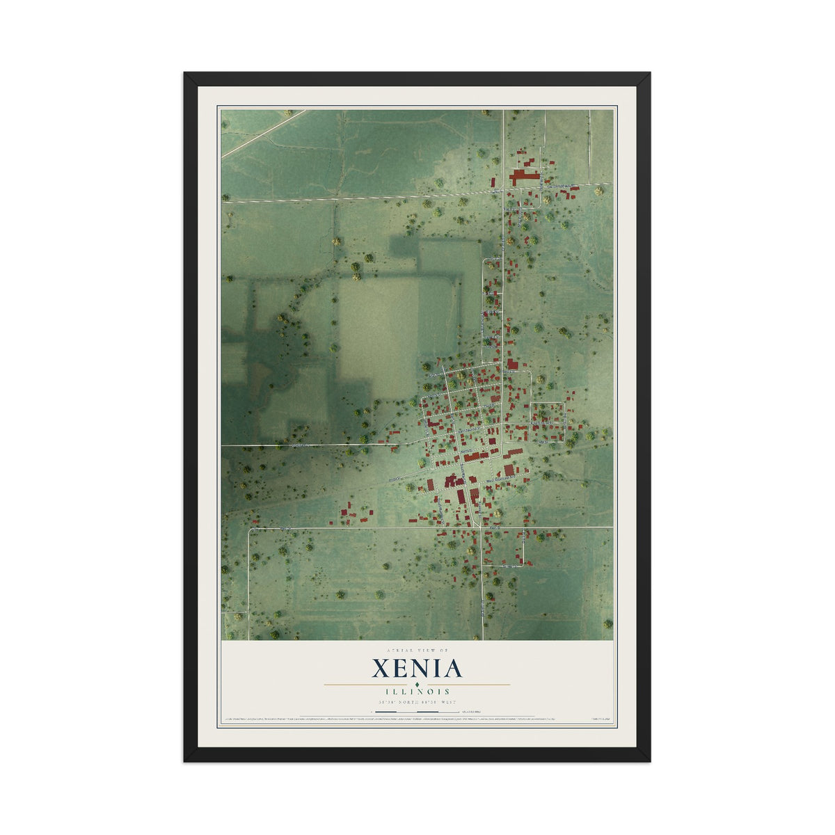 Map of Xenia, Illinois, 12 x 18 inch print in a black wood frame