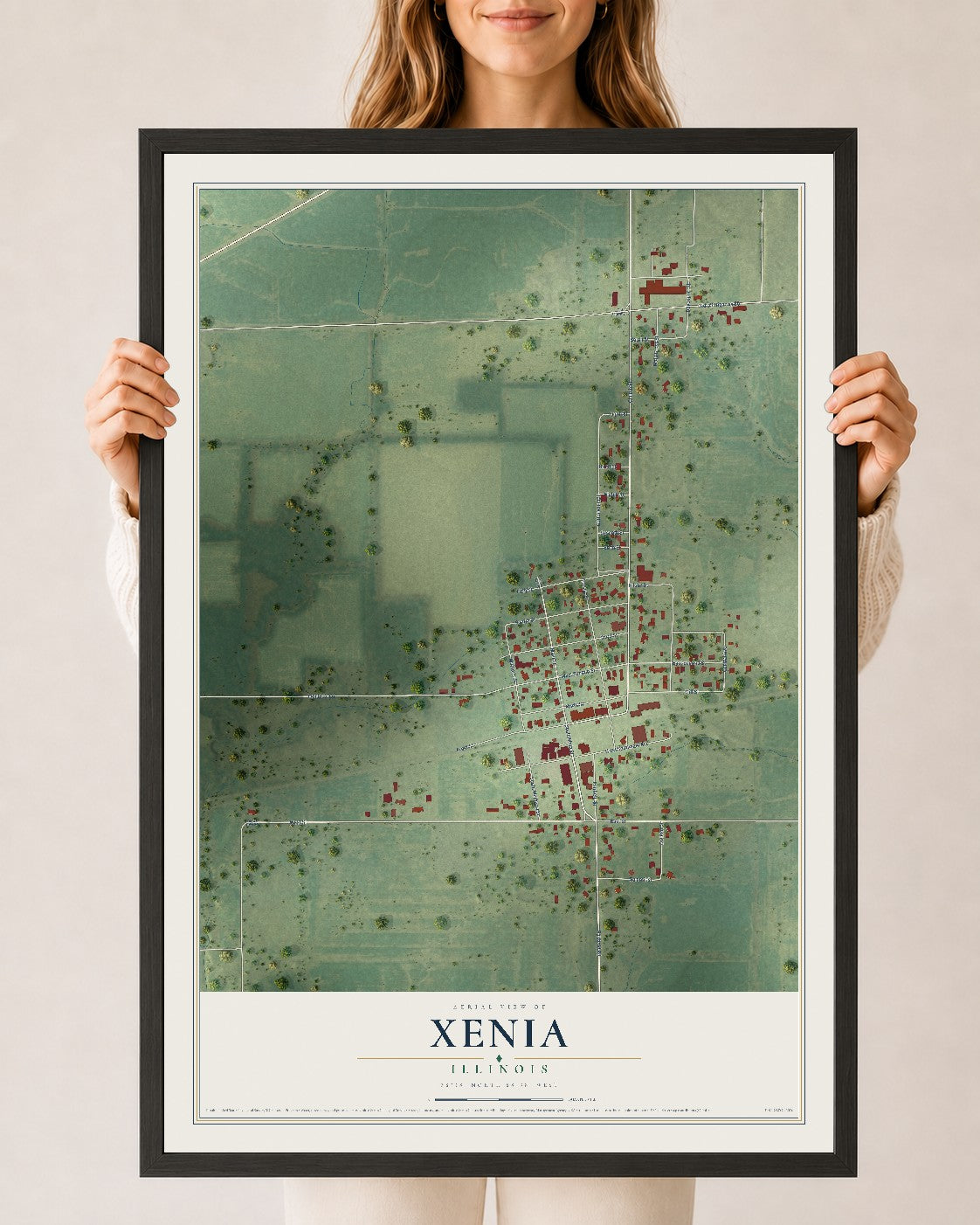 Map of Xenia, Illinois, 24 x 36 inch print in a black wood frame