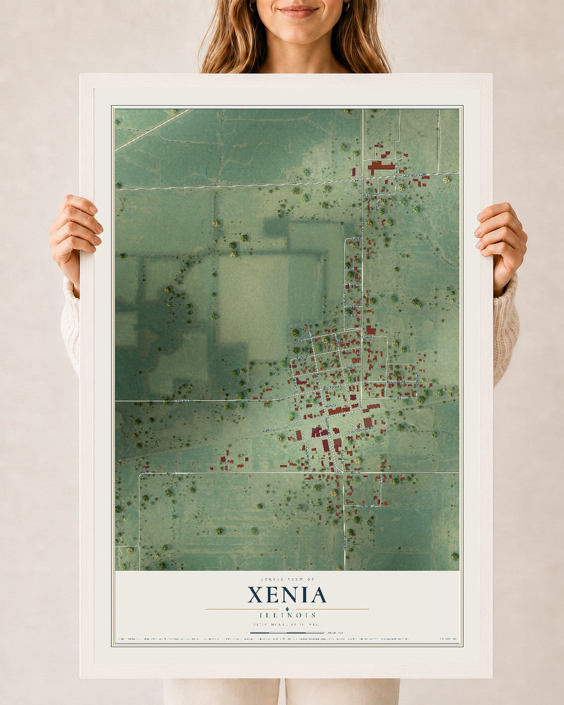 Map of Xenia, Illinois, 24 x 36 inch print in a white wood frame