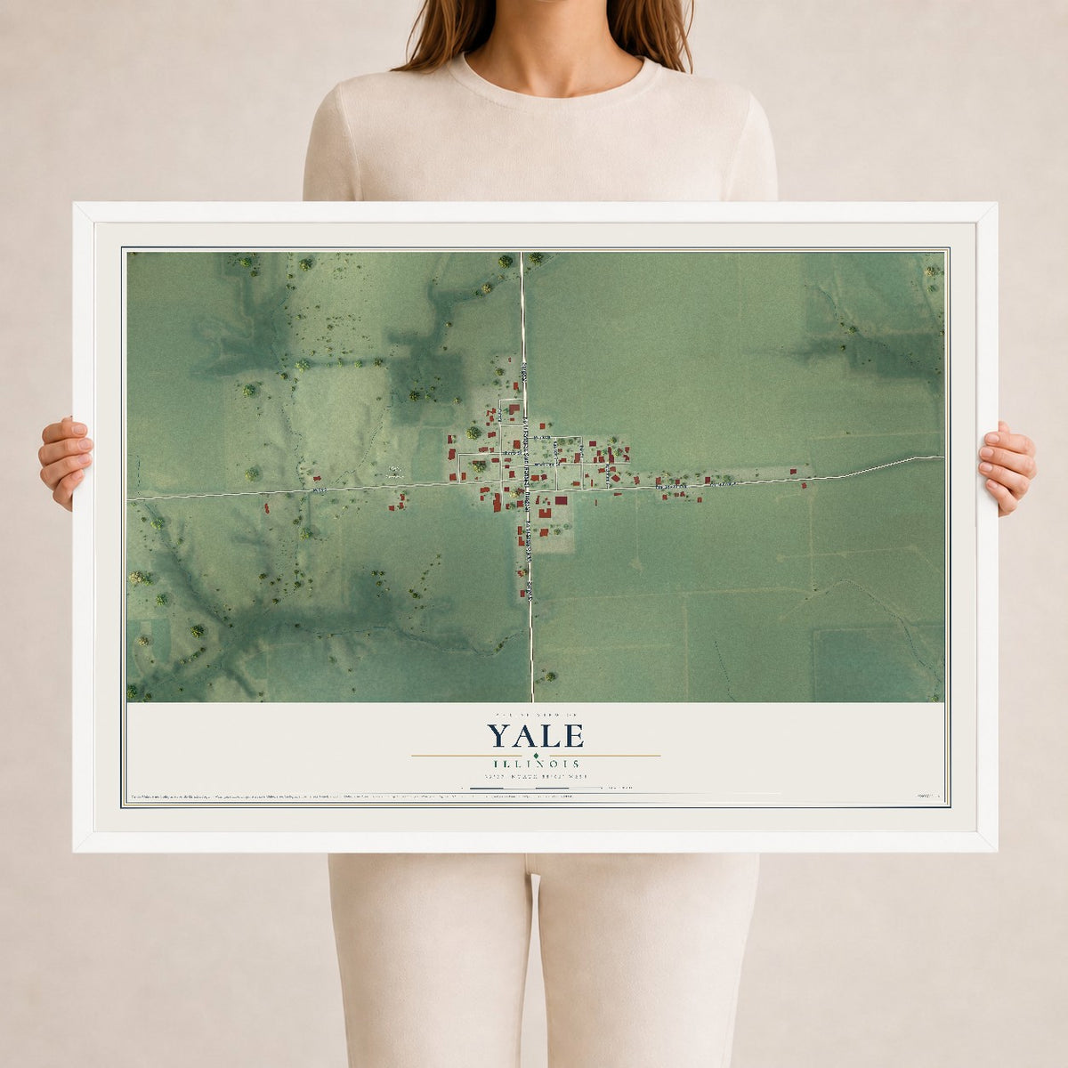 Map of Yale, Illinois, 24 x 36 inch print in a white wood frame