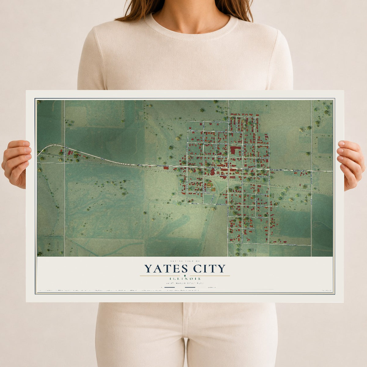 Map of Yates City, Illinois, 12 x 18 inch unframed archival matte print