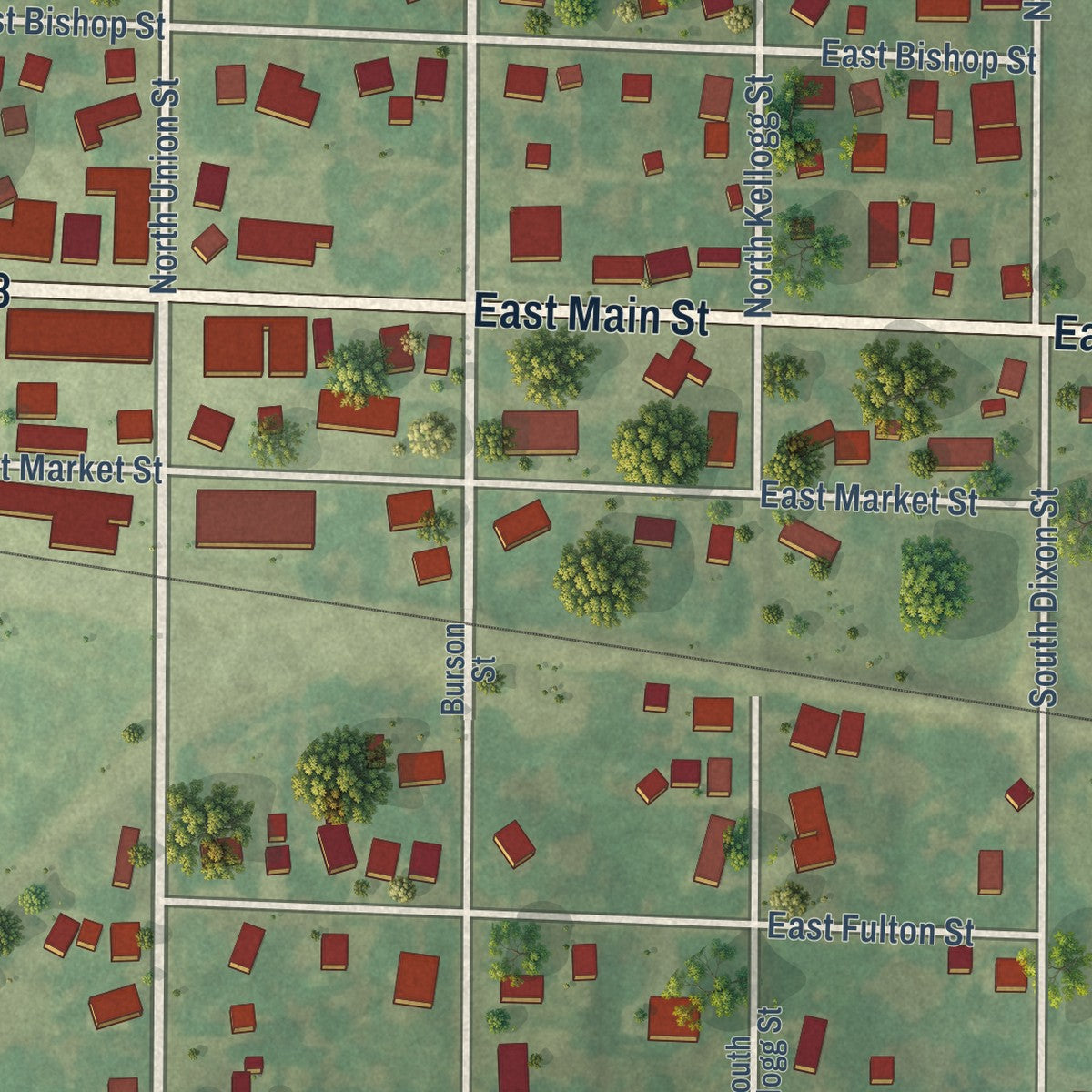 Close-up of the map of Yates City, Illinois print showing street and building detail