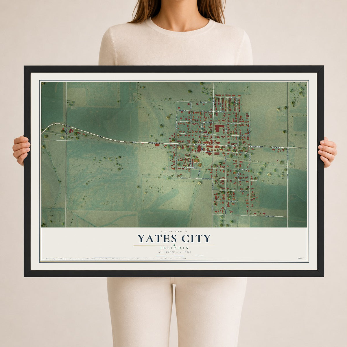 Map of Yates City, Illinois, 24 x 36 inch print in a black wood frame