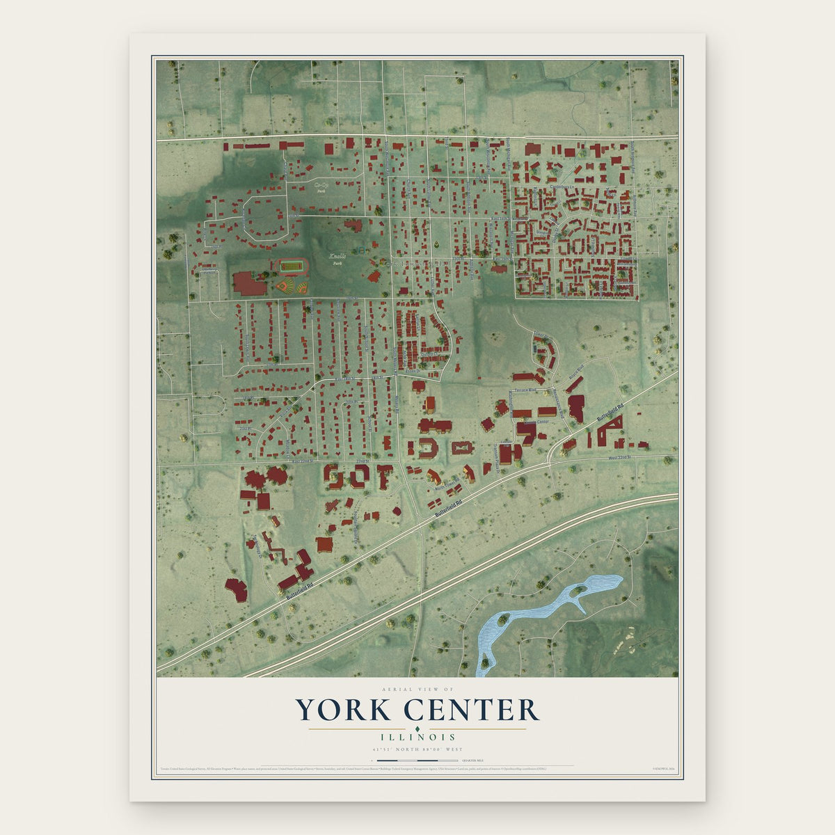 York Center, Illinois map print, the full design