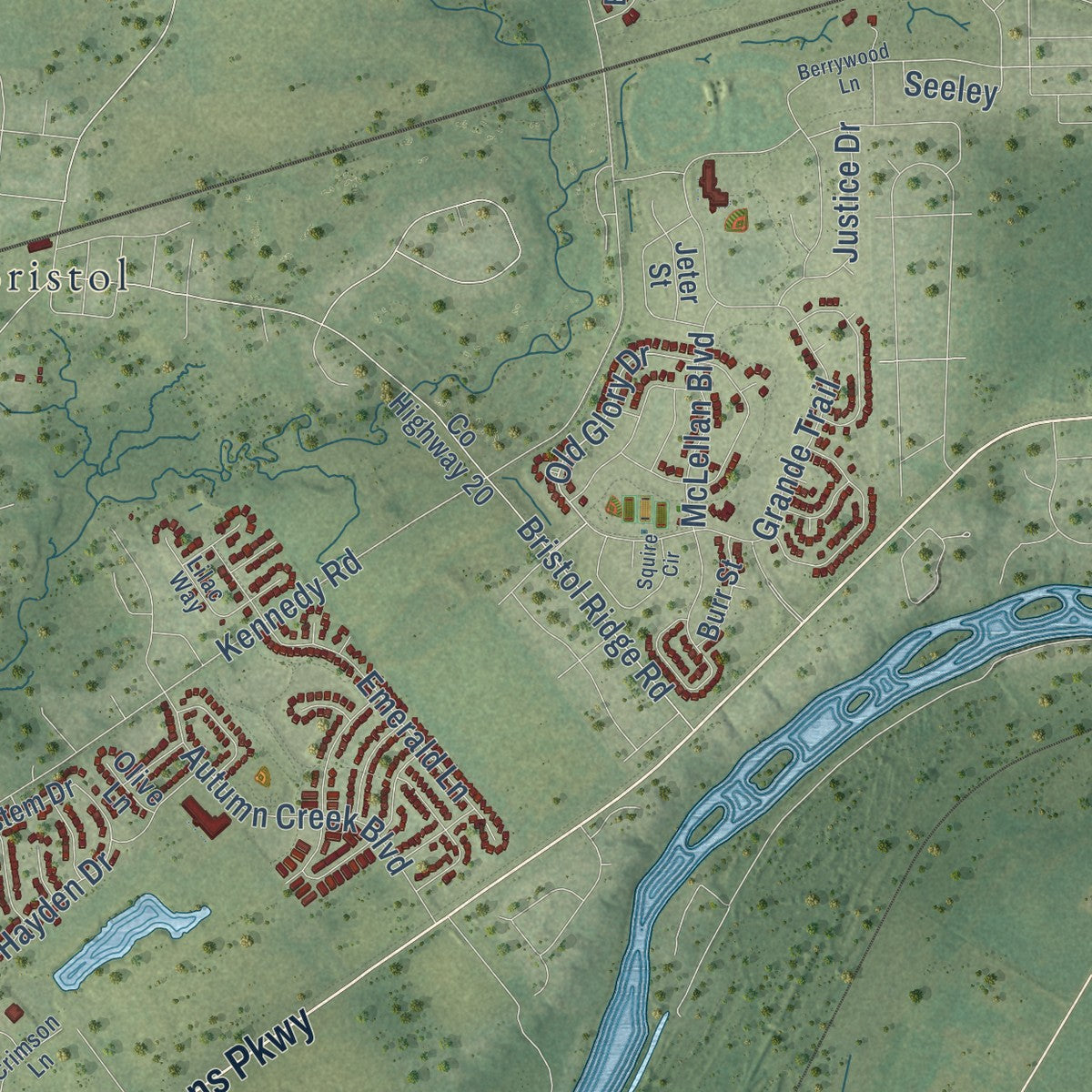 Second close-up of the map of Yorkville, Illinois print showing more streets and buildings