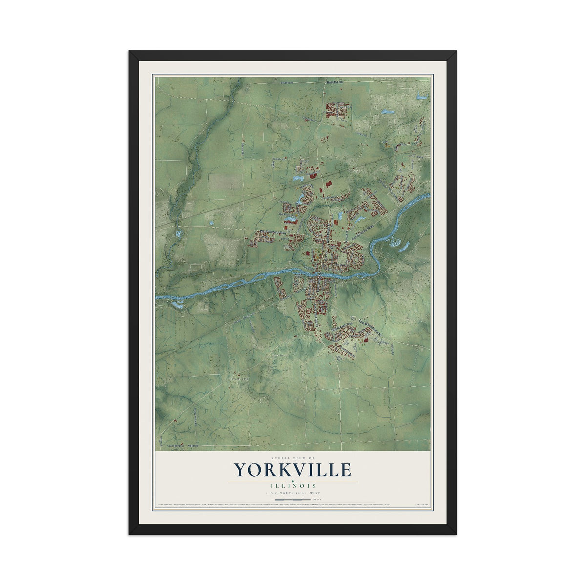 Map of Yorkville, Illinois, 12 x 18 inch print in a black wood frame