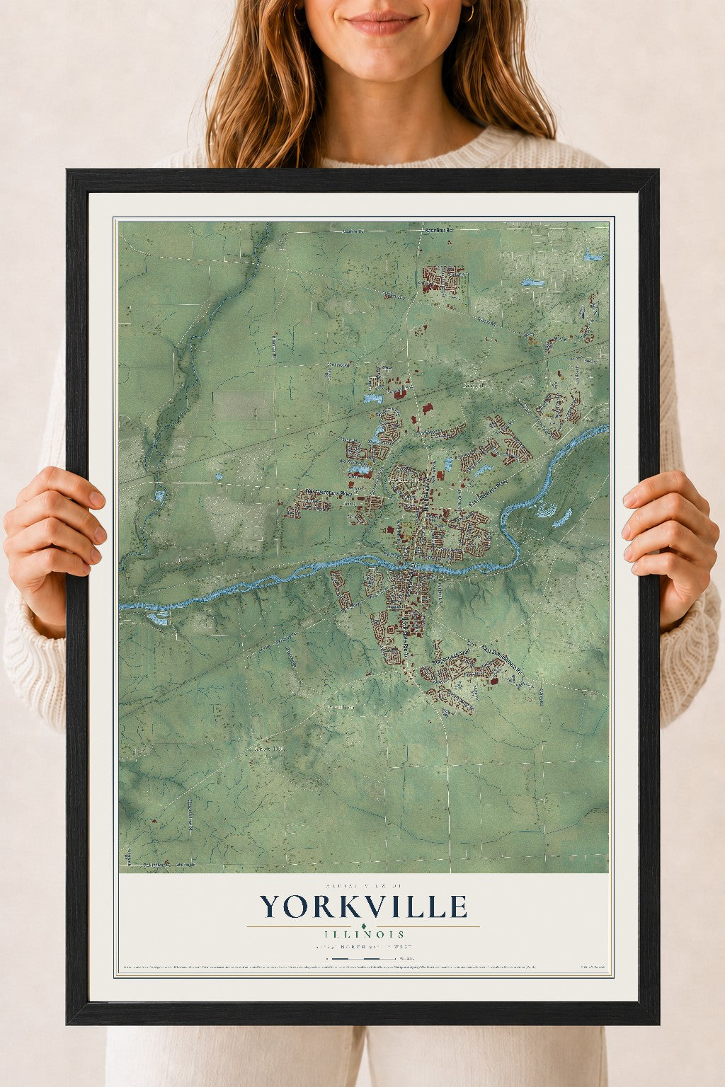 Map of Yorkville, Illinois, 18 x 24 inch print in a black wood frame