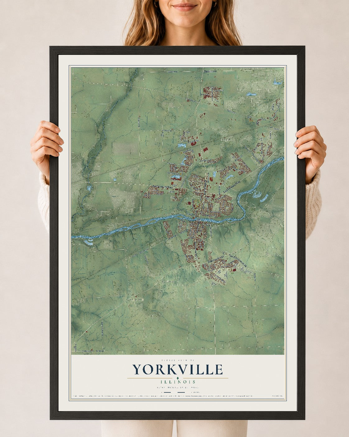 Map of Yorkville, Illinois, 24 x 36 inch print in a black wood frame