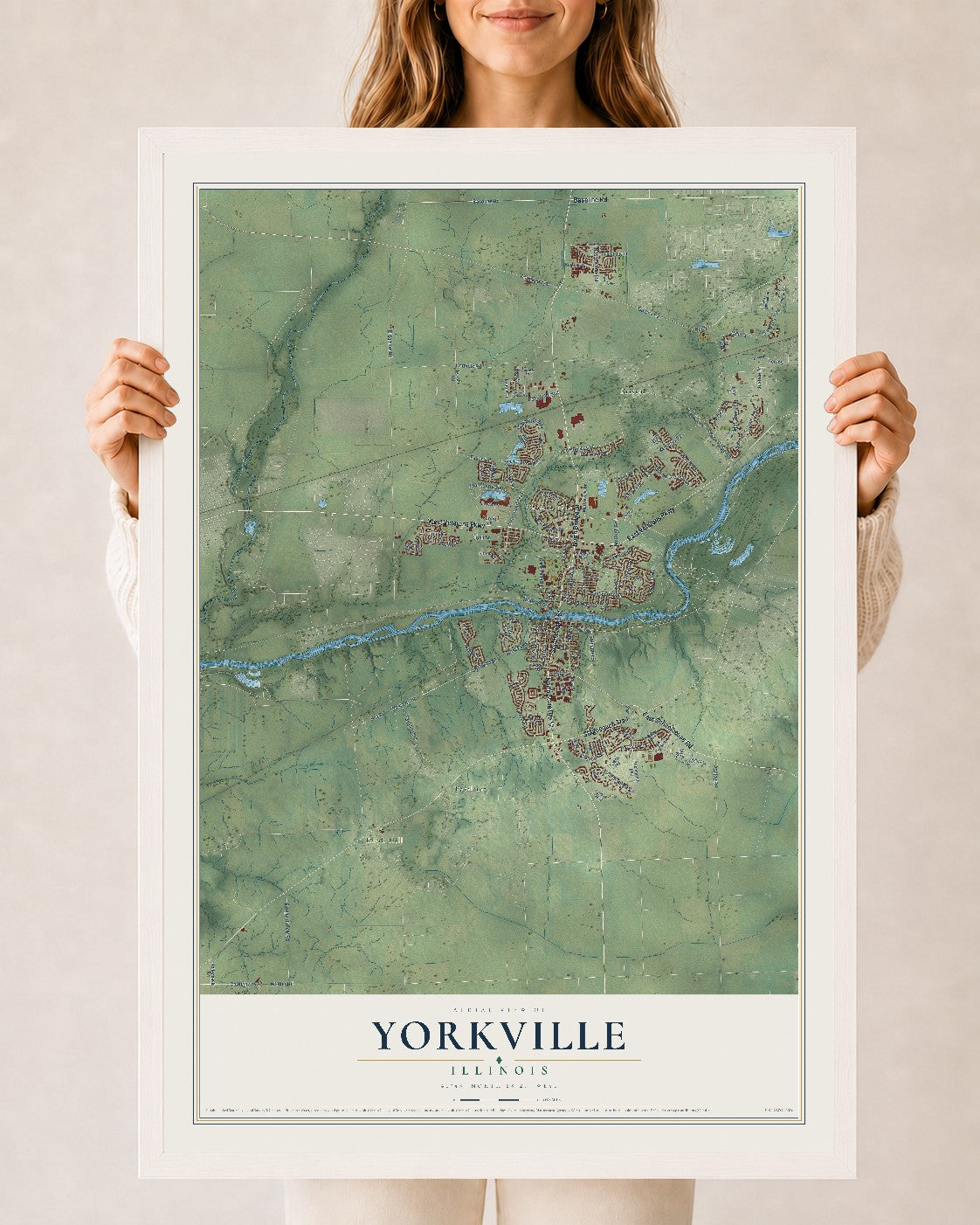 Map of Yorkville, Illinois, 24 x 36 inch print in a white wood frame
