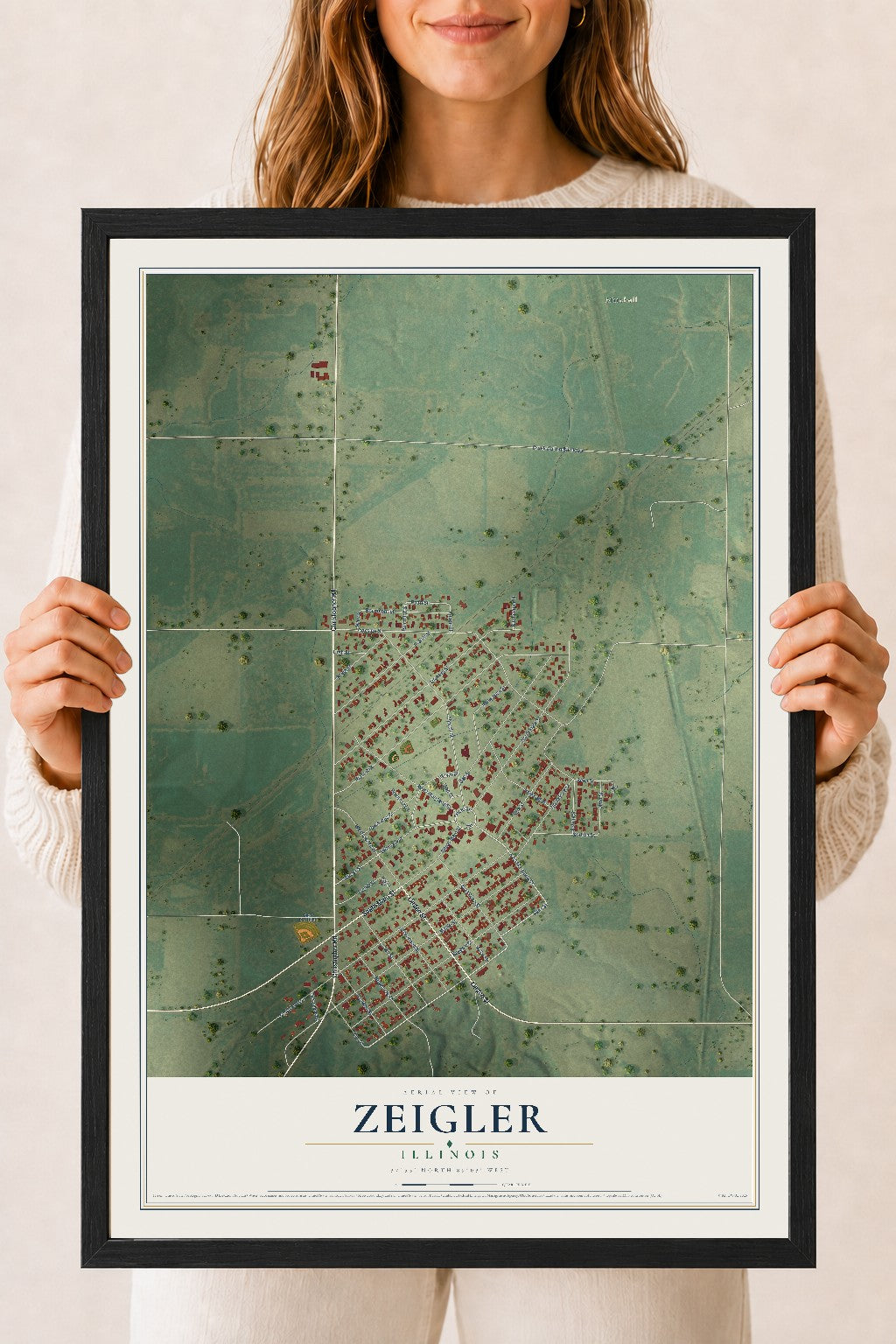 Map of Zeigler, Illinois, 18 x 24 inch print in a black wood frame